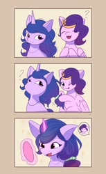 Size: 1256x2048 | Tagged: safe, artist:nari_artsz, izzy moonbow, pipp petals, pegasus, pony, unicorn, g5, 3 panel comic, alternate hairstyle, comic, duo, duo female, female, hair styling, hairband, horn, mare, mirror