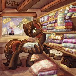 Size: 4000x4000 | Tagged: safe, artist:tiothebeetle, oc, oc only, oc:netherweave, pegasus, pony, beams, beanie, blanket, boots, brown coat, brown hair, brown mane, cabin, christmas, christmas stocking, clothes, colorful, commission, crochet, freckles, green eyes, hat, holiday, indoors, leather, leather boots, looking right, mannequin, orange mane, overalls, pegasus oc, pegasus wings, pony mannequin, raised hoof, sale, sale sign, scarf, shelf, shirt, shoes, shopkeeper, smiling, snow, snowfall, solo, sticky note, store, sweater, text, window, wing hands, wing hold, wings, winter hat, wooden floor, wool