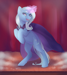 Size: 2319x2624 | Tagged: safe, artist:nekotoko, trixie, pony, unicorn, g4, bipedal, cape, clothes, ear fluff, female, glowing, glowing horn, hooves to the chest, horn, lacrimal caruncle, magic, mare, open mouth, rearing, smiling, solo, stage, trixie's cape