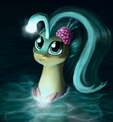 Size: 1024x1110 | Tagged: safe, artist:aschenstern, princess skystar, seapony (g4), g4, my little pony: the movie, bioluminescent, blue eyes, cute, digital art, female, fin, fin wings, fins, floppy ears, flower, flower in hair, flowing mane, freckles, glowing, happy, jewelry, necklace, ocean, pearl necklace, seaquestria, skyabetes, smiling, solo, swimming, tail, water, wings