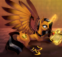 Size: 1500x1396 | Tagged: safe, artist:konekonoarashi, oc, oc only, oc:sphinx, alicorn, pony, alicorn oc, book, curved horn, ear piercing, egyptian, female, horn, lying down, magic, mare, piercing, prone, reading, solo, telekinesis, wings