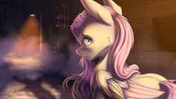 Size: 3000x1688 | Tagged: safe, artist:klarapl, fluttershy, oc, unnamed oc, pegasus, pony, unicorn, g4, cheek fluff, duo, female, folded wings, horn, looking at you, looking back, looking back at you, male, mare, mist, nervous, night, outdoors, scared, shadow, spotlight, stalker, stallion, stranger, street, streetlight, this will not end well, unknown pony, wide eyes, wings