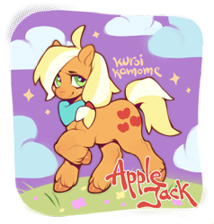 Size: 3424x3594 | Tagged: safe, artist:kuroikamome, applejack, earth pony, pony, g4, clothes, cloud, female, hooves, mare, neckerchief, orange coat, scarf, smiling, solo, stars, tied mane, trotting, wingding eyes, yellow mane