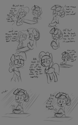 Size: 1155x1855 | Tagged: safe, artist:this_sl0th, oc, oc only, oc:nilla puddings, oc:vanilla bean, earth pony, pony, unicorn, bananaphone, bowl, comic, comic strip, dialogue, duo, gray background, grayscale, horn, mixing bowl, monochrome, simple background