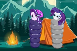 Size: 748x500 | Tagged: safe, rarity, starlight glimmer, human, equestria girls, g4, campfire, camping, female, forest, moon, mountain, nature, night, sky, sleeping bag, stars, tree