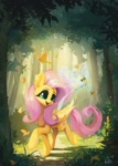 Size: 769x1080 | Tagged: safe, artist:tinybenz, fluttershy, breezie, butterfly, pegasus, pony, g4, big ears, cute, duo, folded wings, forest, large wings, long mane, long tail, micro, nature, shyabetes, size difference, standing on two hooves, tail, tree, wings