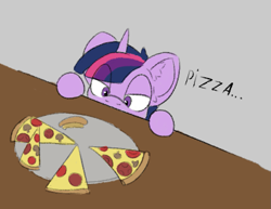 Size: 793x611 | Tagged: safe, artist:cotarsis, twilight sparkle, pony, unicorn, g4, food, horn, meme, pizza, solo, table, two toned background