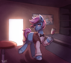 Size: 2921x2577 | Tagged: safe, artist:bkiltersot, oc, oc only, oc:matcha latte, earth pony, bar, bartender, bowtie, clothes, commission, glass, looking at you, male, male oc, painting, shelf, shelves, shirt, smiling, solo, stallion, table, underhoof, unshorn fetlocks, vest, wine glass