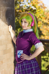 Size: 828x1242 | Tagged: safe, artist:cynder, lemon zest, human, equestria girls, g4, my little pony equestria girls: friendship games, bowtie, clothes, cosplay, costume, crystal prep academy, crystal prep academy uniform, female, headphones, irl, irl human, photo, pose, school uniform, solo, solo female