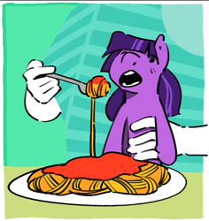 Size: 445x472 | Tagged: safe, artist:the---robbie72, oc, oc only, oc:cloudy skies, human, pegasus, pony, feeding, female, food, fork, holding a pony, mare, not twilight sparkle, open mouth, pasta, solo focus, spaghetti