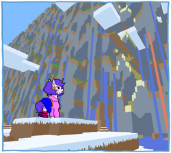 Size: 1084x972 | Tagged: safe, artist:the---robbie72, oc, oc only, oc:artshine aura, pony, unicorn, cliff, clothes, ear piercing, earring, female, hoodie, horn, jewelry, lava, looking up, mare, minecraft, piercing, skirt, smiling, solo, water, waterfall