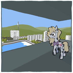 Size: 854x848 | Tagged: safe, artist:the---robbie72, oc, oc only, oc:prickly pear (captainzigo), earth pony, pony, 3d, bandana, city, cityscape, female, gmod, looking out the window, mare, smiling, solo, splotches