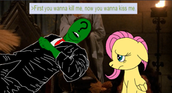 Size: 1169x630 | Tagged: safe, anonymous artist, edit, edited screencap, screencap, fluttershy, oc, oc:anon, g4, army of darkness, parody