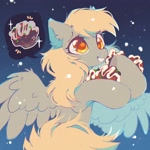 Size: 1800x1800 | Tagged: safe, artist:mirtash, derpy hooves, pegasus, pony, g4, blonde mane, blonde tail, brown eyelashes, christmas, colored eyelashes, colored pupils, cute, derp, derpabetes, ear fluff, eye clipping through hair, feathered wings, female, flying, food, gradient background, gray coat, holiday, hoof hold, mare, muffin, orange pupils, pictogram, smiling, snow, snowfall, solo, sparkles, spread wings, starry eyes, tail, three quarter view, wing fluff, wingding eyes, wings, yellow eyes