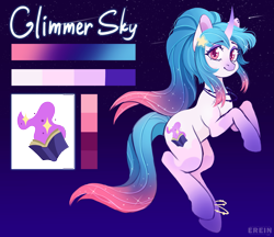 Size: 2315x2000 | Tagged: safe, artist:erein, oc, oc only, oc:glimmer sky, pony, unicorn, coat markings, colored hooves, colored horn, cutie mark, dark background, ear piercing, earring, ears, ears up, ethereal mane, eyeshadow, female, gradient background, gradient legs, gradient mane, gradient tail, high res, hooves, horn, jewelry, leg markings, looking at you, makeup, mare, piercing, pink coat, pink eyes, reference sheet, solo, sparkles, sparkly mane, starry mane, tail, text, unicorn oc