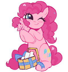 Size: 530x555 | Tagged: safe, artist:dulcesilly, pinkie pie, earth pony, pony, g4, christmas, cute, diapinkes, female, holiday, looking at you, mare, one eye closed, plushie, present, simple background, sitting, smiling, smiling at you, solo, white background