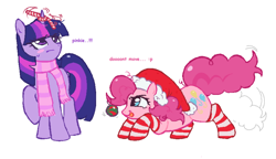 Size: 904x521 | Tagged: safe, artist:dulcesilly, pinkie pie, twilight sparkle, alicorn, earth pony, pony, g4, candy, candy cane, christmas, clothes, duo, duo female, female, food, hat, holiday, mare, ornament, santa hat, scarf, simple background, socks, striped scarf, striped socks, tail, tail wag, tongue out, twilight sparkle (alicorn), white background