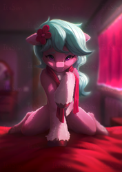 Size: 2199x3109 | Tagged: safe, artist:itssim, dahlia, earth pony, pony, g5, cheek fluff, chest fluff, commission, female, floppy ears, flower, flower in hair, fluffy, human shoulders, indoors, kneeling, lightly watermarked, looking at you, mare, raised hoof, solo, unshorn fetlocks, watermark