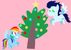 Size: 3553x2499 | Tagged: safe, anonymous artist, derpibooru exclusive, rainbow dash, soarin', pegasus, pony, series:soarindash hearth's warming, series:soarindash romantic tales, christmas, christmas tree, female, hearth's warming, holiday, male, mare, pointy ponies, ship:soarindash, shipping, stallion, straight, tree