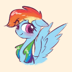 Size: 1901x1900 | Tagged: safe, artist:kaf_pone, rainbow dash, pegasus, pony, g4, blushing, colored sketch, cute, dashabetes, female, floppy ears, mare, simple background, sketch, smiling, solo, spread wings, wings