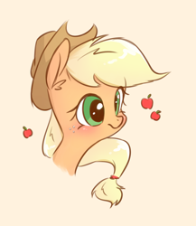 Size: 1580x1819 | Tagged: safe, artist:kaf_pone, applejack, earth pony, pony, g4, apple, applejack's hat, blushing, bust, cowboy hat, cute, female, food, freckles, hat, jackabetes, mare, portrait, smiling, solo