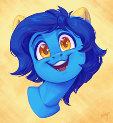 Size: 2763x3000 | Tagged: safe, artist:amishy, oc, oc only, oc:helmie, pony, abstract background, bust, head tilt, looking at you, open mouth, open smile, portrait, signature, smiling, smiling at you, solo