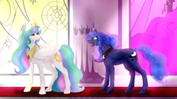 Size: 1781x1000 | Tagged: safe, artist:kimyowolf, princess celestia, princess luna, alicorn, pony, g4, crying, duo, female, mare, royal sisters, siblings, sisters, story included