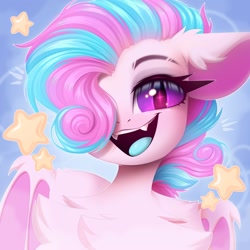 Size: 2000x2000 | Tagged: safe, artist:kebchach, oc, oc only, bat pony, pony, bat pony oc, bat wings, chest fluff, ear fluff, fangs, female, hair over one eye, high res, looking at you, mare, open mouth, open smile, slit pupils, smiling, smiling at you, solo, sparkles, sparkly eyes, wingding eyes, wings