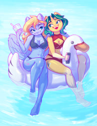 Size: 3000x3888 | Tagged: safe, artist:amishy, oc, oc only, oc:depth chaser, oc:lusty symphony, pegasus, unicorn, anthro, plantigrade anthro, barefoot, belly, belly button, bikini, breasts, busty oc, cleavage, clothes, drink, duo, duo female, feet, female, floaty, handles, horn, inflatable bird, inflatable swan, legs in the water, looking at each other, looking at someone, mare, opaque inflatable, open mouth, open smile, outdoors, partially submerged, pool toy, red bikini, red swimsuit, smiling, smiling at each other, swimsuit, water