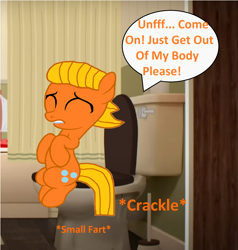 Size: 1480x1552 | Tagged: safe, artist:memeartboi, crackle, earth pony, pony, g4, bathroom, but why, colt, constipated, darwin watterson, eyes closed, foal, implied defecation, implied farting, implied poop, implied pooping, indoors, lip bite, male, onomatopoeia, ponified, pushing, sitting, sitting on toilet, solo, sound effects, speech bubble, struggle, struggling, teeth, text, the amazing world of gumball, toilet, toilet humor