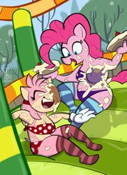 Size: 5100x7019 | Tagged: safe, artist:sebaku, pinkie pie, anthro, g4, amy rose, bouncy castle, clothes, duo, fat, food, inflatable, pie, pie fight, pie in the face, polka dots, pudgy pie, socks, sonic the hedgehog (series), striped socks, swimsuit, wet and messy