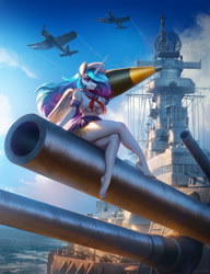 Size: 1992x2600 | Tagged: safe, artist:mrscroup, princess celestia, alicorn, anthro, plantigrade anthro, g4, battleship, breasts, crepuscular rays, female, flowing mane, ocean, plane, sunlight, uss iowa, water