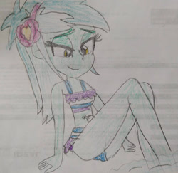 Size: 1280x1244 | Tagged: safe, artist:warioman69, lyra heartstrings, human, equestria girls, g4, belly button, belly piercing, clothes, cute, female, lidded eyes, looking at each other, lyrabetes, piercing, relaxing, smiling, solo, swimsuit, water