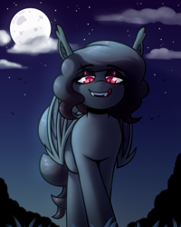 Size: 2000x2500 | Tagged: safe, artist:lrusu, oc, oc only, oc:macabre, bat pony, undead, vampire, eyeshadow, fangs, licking, licking lips, lidded eyes, looking at you, looking down, looking down at you, makeup, moon, night, night sky, offscreen character, pov, red eyeshadow, sky, solo, tongue out