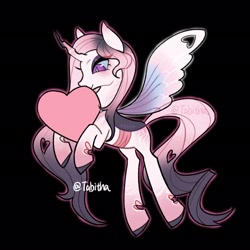 Size: 2048x2048 | Tagged: safe, artist:tabithaqu, oc, changeling, black background, female, heart, simple background, solo