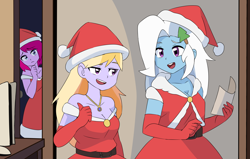 Size: 2200x1397 | Tagged: safe, artist:lirudraw, fuchsia blush, lavender lace, trixie, equestria girls, g4, christmas, clothes, costume, hat, holiday, santa costume, santa hat, trixie and the illusions