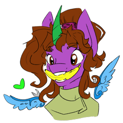 Size: 1500x1500 | Tagged: safe, artist:destiny_manticor, oc, oc only, oc:destiny manticor, alicorn, pony, anthro, banana, claws, cloth, curly mane, curved horn, eyebrows, eyebrows visible through hair, eyes open, food, happy, holding something, horn, simple background, smiling, solo, transparent background, wing claws, wings