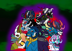 Size: 1414x1000 | Tagged: safe, artist:zetikoopa, ahuizotl, dragon lord torch, grogar, king sombra, lord tirek, pharynx, pony of shadows, prince blueblood, shining armor, storm king, stronghoof hoofstrong (tfh), oc, oc:alastor, oc:bass thunder, oc:dark havok, oc:draven la fay/no heart, oc:keiran, oc:khalfani, oc:nemesis, oc:odysseus, oc:phantom infinite, sheep, them's fightin' herds, g4, alexandrite arcane, community related, fusion, male, monster prince blueblood, monster shining armor, ram, safe:melspyrose, springtrap