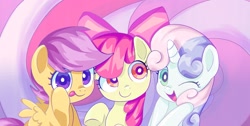 Size: 1737x878 | Tagged: safe, artist:andromedasparkz, apple bloom, scootaloo, sweetie belle, earth pony, pegasus, unicorn, apple bloom's bow, bow, cute, cutie mark crusaders, female, filly, foal, hair bow, horn, one eye closed, open mouth, open smile, smiling, spread wings, tongue out, trio, wings, wink