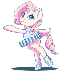 Size: 1024x1168 | Tagged: safe, artist:wicked-red-art, oc, oc:crystal dancer, unicorn, arms spread out, ballerina, ballet, ballet slippers, clothes, cutie mark, dancing, horn, jewelry, leotard, looking at you, pose, smiling, smiling at you, standing, standing on one leg, tiara, tutu, unicorn oc