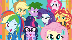 Size: 2046x1148 | Tagged: safe, artist:georgegarza01, applejack, fluttershy, pinkie pie, rainbow dash, rarity, sci-twi, spike, sunset shimmer, twilight sparkle, human, equestria girls, g4, female, human spike, humanized, male