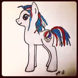 Size: 894x894 | Tagged: safe, artist:punkyhooves, oc, oc:steelie jane, earth pony, pony, female, mare, side view, signature, simple background, smiling, solo, steal your face, the grateful dead, traditional art, white background