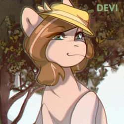 Size: 1654x1654 | Tagged: safe, artist:devi_shade, oc, oc only, oc:celia montigre, pony, eye clipping through hair, eyebrows, eyebrows visible through hair, female, hat, mare, solo, tree