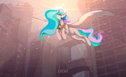 Size: 2048x1260 | Tagged: safe, artist:devi_shade, princess celestia, alicorn, pony, g4, city, female, flying, mare, peytral, solo, spread wings, wings