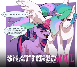 Size: 1200x1043 | Tagged: safe, artist:devi_shade, twilight sparkle, alicorn, pony, unicorn, art pack:shattered will, dialogue, duo, female, magic, mare, speech bubble, spread wings, unicorn twilight, wings