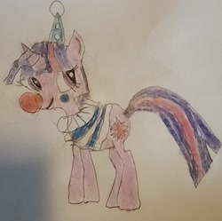 Size: 2299x2290 | Tagged: safe, artist:heydude5321, twilight sparkle, unicorn, g4, clothes, clown, clown nose, female, hat, horn, mare, red nose, solo, traditional art