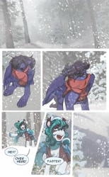 Size: 2205x3584 | Tagged: safe, artist:devi_shade, oc, oc only, oc:fenris ebonyglow, bat pony, pegasus, pony, clothes, comic, dialogue, duo, fangs, female, forest, male, mare, nature, outdoors, scarf, snow, snowfall, speech bubble, stallion, tree