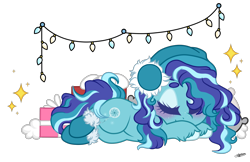 Size: 1600x1037 | Tagged: safe, artist:princessmoonsilver, oc, oc:winter frost, earth pony, pony, christmas, christmas lights, earmuffs, female, holiday, mare, simple background, sleeping, solo, transparent background