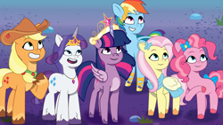 Size: 2400x1350 | Tagged: safe, artist:prixy05, artist:twilightsparkle2011, edit, applejack, fluttershy, pinkie pie, rainbow dash, rarity, twilight sparkle, alicorn, earth pony, pegasus, pony, unicorn, g4, g5, lavarynth, my little pony: tell your tale, big crown thingy, character swap, element of magic, female, g4 to g5, generation leap, horn, i can't believe it's not hasbro studios, jewelry, looking up, mane six, mare, regalia, the isle of scaly (location), twilight sparkle (alicorn)