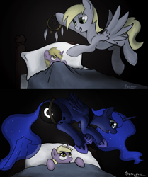 Size: 1280x1534 | Tagged: safe, artist:tetrapony, derpy hooves, dinky hooves, princess luna, alicorn, pegasus, pony, unicorn, g4, :o, bed, black background, blanket, butt, butt squish, caught, commission, cute, daaaaaaaaaaaw, dark, derpabetes, dinkabetes, dream walker luna, dreamcatcher, dreamcaught luna, equestria's best mother, ethereal mane, featured image, female, filly, flowing mane, flying, foal, food, frown, hanging, hnnng, horn, literal, lunabetes, mare, moonbutt, muffin, oops my bad, open mouth, pillow, plot, scared, shocked, signature, simple background, spread wings, stuck, sweet dreams fuel, the ass was fat, the ass was too fat, trapped, wide eyes, wings, wrong eye color